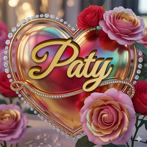 Un marco dorado con forma de corazón tachonado de diamantes, rodeado de rosas naturales en colores que van del rosa al rojo, dando un diseño lujoso y brillante. El nombre Paty está escrito en el diseño.