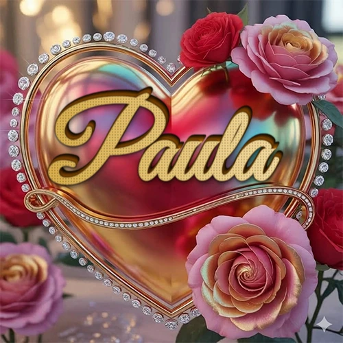 Un marco dorado con forma de corazón tachonado de diamantes, rodeado de rosas naturales en colores que van del rosa al rojo, dando un diseño lujoso y brillante. El nombre Paula está escrito en el diseño.