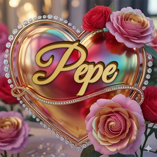 Un marco dorado con forma de corazón tachonado de diamantes, rodeado de rosas naturales en colores que van del rosa al rojo, dando un diseño lujoso y brillante. El nombre Pepe está escrito en el diseño.