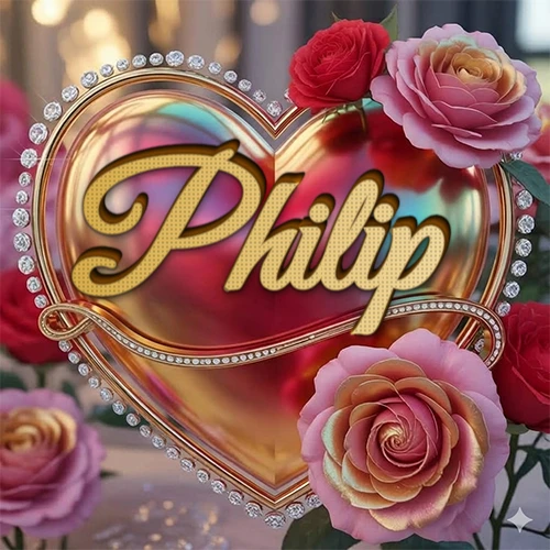Un marco dorado con forma de corazón tachonado de diamantes, rodeado de rosas naturales en colores que van del rosa al rojo, dando un diseño lujoso y brillante. El nombre Philip está escrito en el diseño.