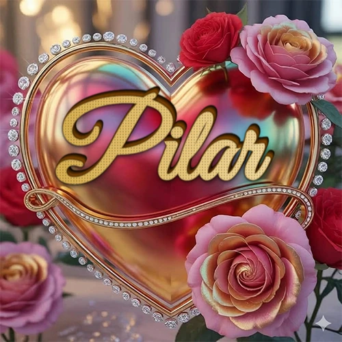 Un marco dorado con forma de corazón tachonado de diamantes, rodeado de rosas naturales en colores que van del rosa al rojo, dando un diseño lujoso y brillante. El nombre Pilar está escrito en el diseño. Un marco dorado con forma de corazón tachonado de diamantes, rodeado de rosas naturales en colores que van del rosa al rojo, dando un diseño lujoso y brillante. El nombre Pilar está escrito en el diseño.