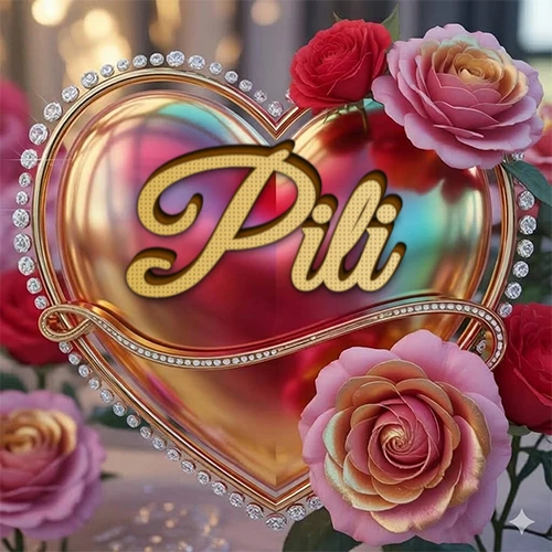 Un marco dorado con forma de corazón tachonado de diamantes, rodeado de rosas naturales en colores que van del rosa al rojo, dando un diseño lujoso y brillante. El nombre Pili está escrito en el diseño.