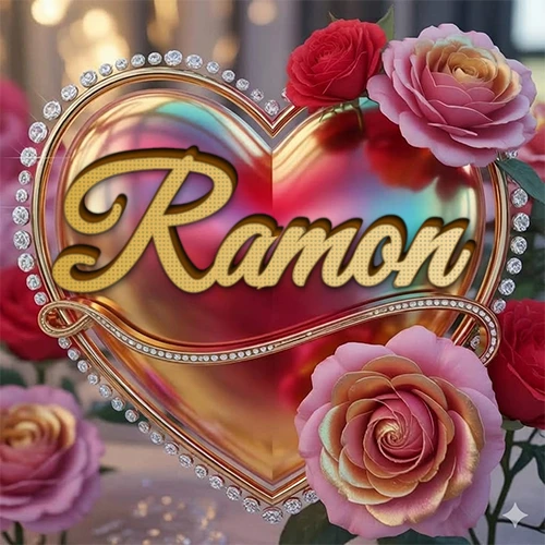 Un marco dorado con forma de corazón tachonado de diamantes, rodeado de rosas naturales en colores que van del rosa al rojo, dando un diseño lujoso y brillante. El nombre Ramon está escrito en el diseño. Un marco dorado con forma de corazón tachonado de diamantes, rodeado de rosas naturales en colores que van del rosa al rojo, dando un diseño lujoso y brillante. El nombre Ramon está escrito en el diseño.