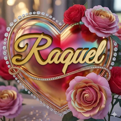 Un marco dorado con forma de corazón tachonado de diamantes, rodeado de rosas naturales en colores que van del rosa al rojo, dando un diseño lujoso y brillante. El nombre Raquel está escrito en el diseño.
