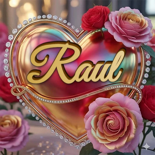 Un marco dorado con forma de corazón tachonado de diamantes, rodeado de rosas naturales en colores que van del rosa al rojo, dando un diseño lujoso y brillante. El nombre Raul está escrito en el diseño.