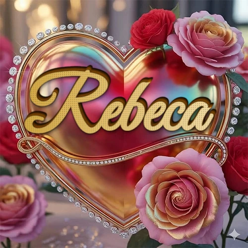 Un marco dorado con forma de corazón tachonado de diamantes, rodeado de rosas naturales en colores que van del rosa al rojo, dando un diseño lujoso y brillante. El nombre Rebeca está escrito en el diseño.