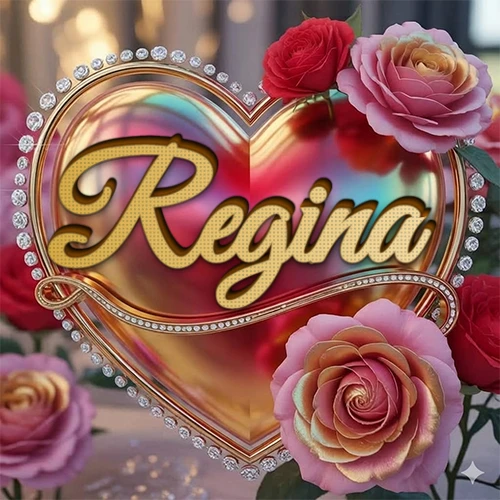 Un marco dorado con forma de corazón tachonado de diamantes, rodeado de rosas naturales en colores que van del rosa al rojo, dando un diseño lujoso y brillante. El nombre Regina está escrito en el diseño.