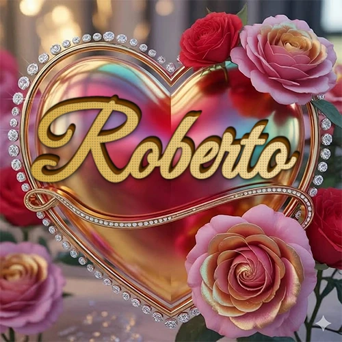 Un marco dorado con forma de corazón tachonado de diamantes, rodeado de rosas naturales en colores que van del rosa al rojo, dando un diseño lujoso y brillante. El nombre Roberto está escrito en el diseño. Un marco dorado con forma de corazón tachonado de diamantes, rodeado de rosas naturales en colores que van del rosa al rojo, dando un diseño lujoso y brillante. El nombre Roberto está escrito en el diseño.