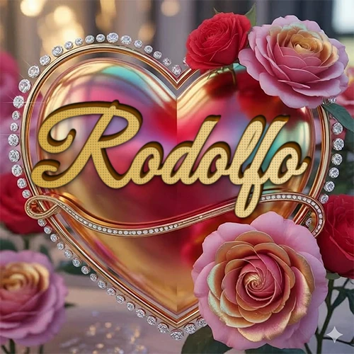 Un marco dorado con forma de corazón tachonado de diamantes, rodeado de rosas naturales en colores que van del rosa al rojo, dando un diseño lujoso y brillante. El nombre Rodolfo está escrito en el diseño.