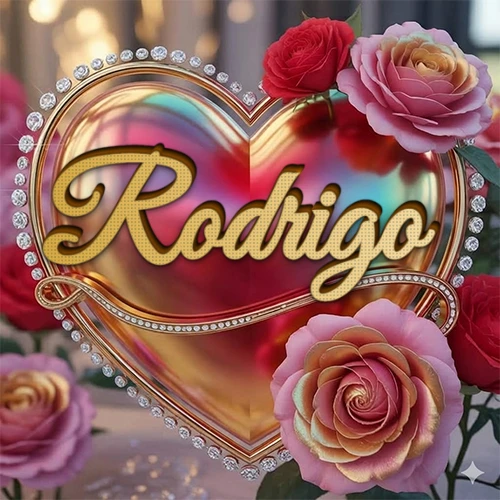 Un marco dorado con forma de corazón tachonado de diamantes, rodeado de rosas naturales en colores que van del rosa al rojo, dando un diseño lujoso y brillante. El nombre Rodrigo está escrito en el diseño.