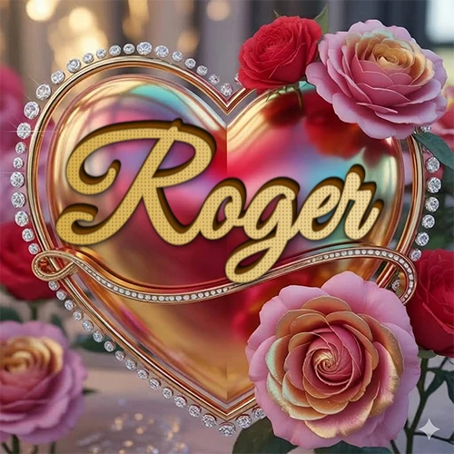 Un marco dorado con forma de corazón tachonado de diamantes, rodeado de rosas naturales en colores que van del rosa al rojo, dando un diseño lujoso y brillante. El nombre Roger está escrito en el diseño. Un marco dorado con forma de corazón tachonado de diamantes, rodeado de rosas naturales en colores que van del rosa al rojo, dando un diseño lujoso y brillante. El nombre Roger está escrito en el diseño.