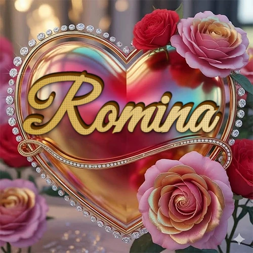 Un marco dorado con forma de corazón tachonado de diamantes, rodeado de rosas naturales en colores que van del rosa al rojo, dando un diseño lujoso y brillante. El nombre Romina está escrito en el diseño.