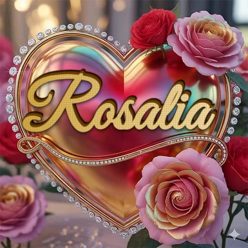 Un marco dorado con forma de corazón tachonado de diamantes, rodeado de rosas naturales en colores que van del rosa al rojo, dando un diseño lujoso y brillante. El nombre Rosalia está escrito en el diseño.
