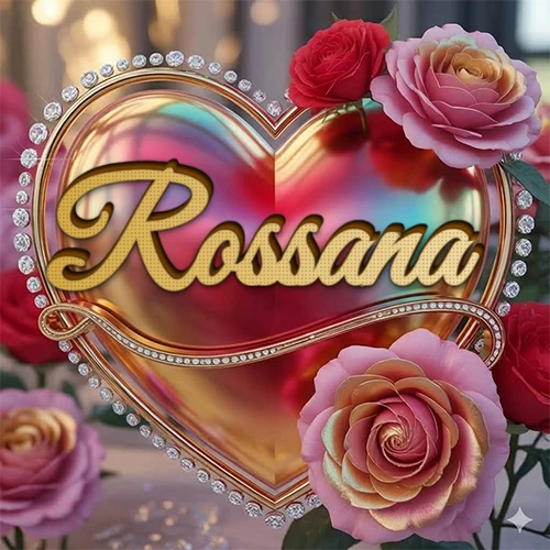 Un marco dorado con forma de corazón tachonado de diamantes, rodeado de rosas naturales en colores que van del rosa al rojo, dando un diseño lujoso y brillante. El nombre Rossana está escrito en el diseño.