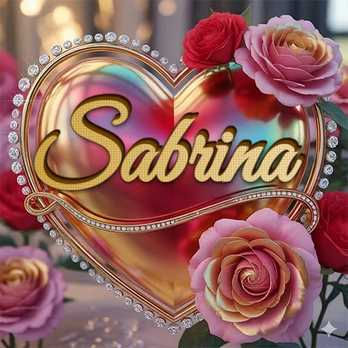 Un marco dorado con forma de corazón tachonado de diamantes, rodeado de rosas naturales en colores que van del rosa al rojo, dando un diseño lujoso y brillante. El nombre Sabrina está escrito en el diseño.