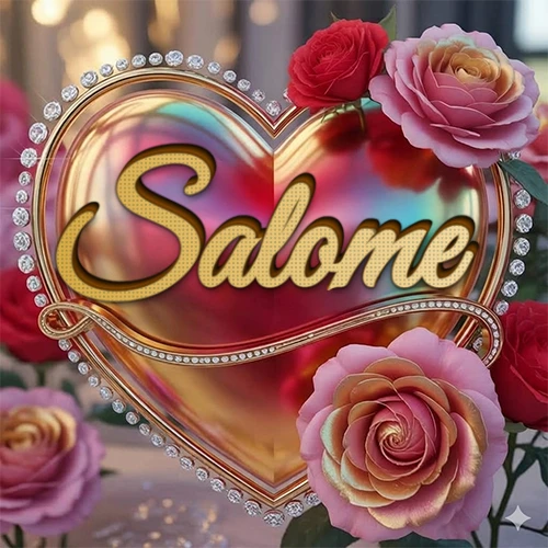 Un marco dorado con forma de corazón tachonado de diamantes, rodeado de rosas naturales en colores que van del rosa al rojo, dando un diseño lujoso y brillante. El nombre Salome está escrito en el diseño.