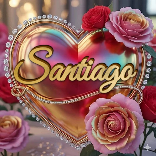 Un marco dorado con forma de corazón tachonado de diamantes, rodeado de rosas naturales en colores que van del rosa al rojo, dando un diseño lujoso y brillante. El nombre Santiago está escrito en el diseño.