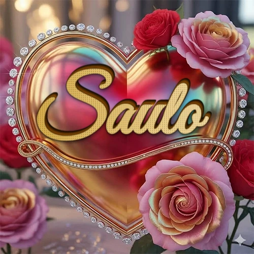 Un marco dorado con forma de corazón tachonado de diamantes, rodeado de rosas naturales en colores que van del rosa al rojo, dando un diseño lujoso y brillante. El nombre Saulo está escrito en el diseño.