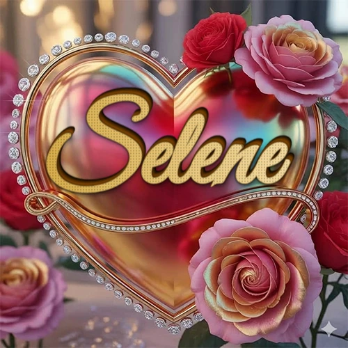 Un marco dorado con forma de corazón tachonado de diamantes, rodeado de rosas naturales en colores que van del rosa al rojo, dando un diseño lujoso y brillante. El nombre Selene está escrito en el diseño.
