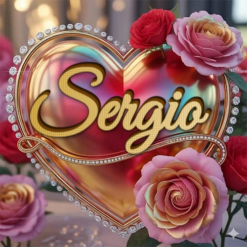 Un marco dorado con forma de corazón tachonado de diamantes, rodeado de rosas naturales en colores que van del rosa al rojo, dando un diseño lujoso y brillante. El nombre Sergio está escrito en el diseño. Un marco dorado con forma de corazón tachonado de diamantes, rodeado de rosas naturales en colores que van del rosa al rojo, dando un diseño lujoso y brillante. El nombre Sergio está escrito en el diseño.