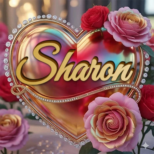 Un marco dorado con forma de corazón tachonado de diamantes, rodeado de rosas naturales en colores que van del rosa al rojo, dando un diseño lujoso y brillante. El nombre Sharon está escrito en el diseño.