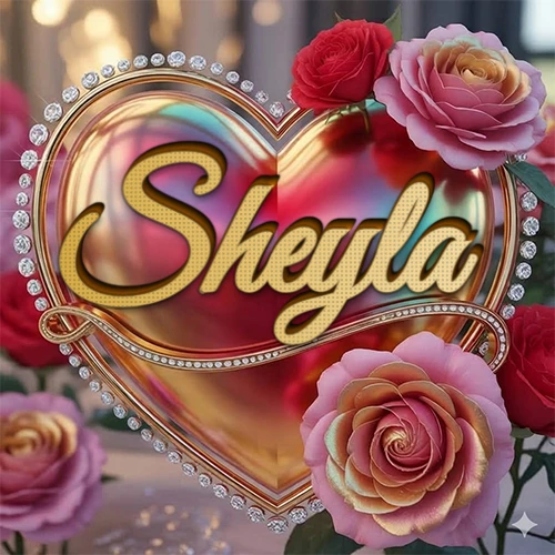 Un marco dorado con forma de corazón tachonado de diamantes, rodeado de rosas naturales en colores que van del rosa al rojo, dando un diseño lujoso y brillante. El nombre Sheyla está escrito en el diseño.
