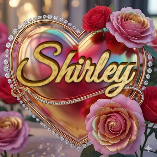 Un marco dorado con forma de corazón tachonado de diamantes, rodeado de rosas naturales en colores que van del rosa al rojo, dando un diseño lujoso y brillante. El nombre Shirley está escrito en el diseño. Un marco dorado con forma de corazón tachonado de diamantes, rodeado de rosas naturales en colores que van del rosa al rojo, dando un diseño lujoso y brillante. El nombre Shirley está escrito en el diseño.