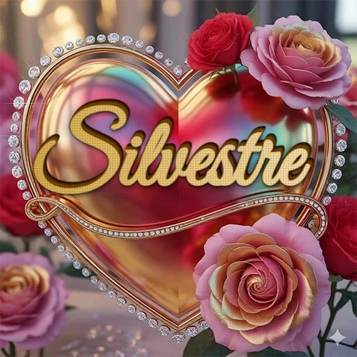 Un marco dorado con forma de corazón tachonado de diamantes, rodeado de rosas naturales en colores que van del rosa al rojo, dando un diseño lujoso y brillante. El nombre Silvestre está escrito en el diseño.