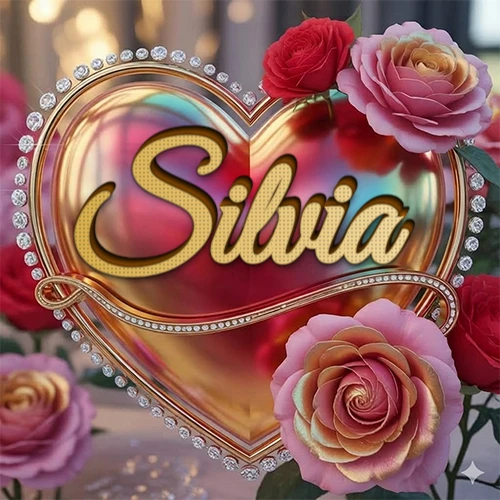 Un marco dorado con forma de corazón tachonado de diamantes, rodeado de rosas naturales en colores que van del rosa al rojo, dando un diseño lujoso y brillante. El nombre Silvia está escrito en el diseño.