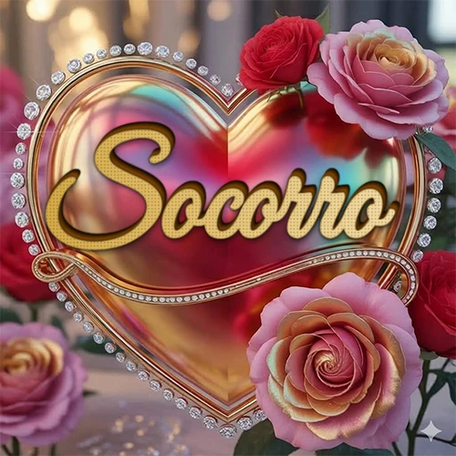 Un marco dorado con forma de corazón tachonado de diamantes, rodeado de rosas naturales en colores que van del rosa al rojo, dando un diseño lujoso y brillante. El nombre Socorro está escrito en el diseño. Un marco dorado con forma de corazón tachonado de diamantes, rodeado de rosas naturales en colores que van del rosa al rojo, dando un diseño lujoso y brillante. El nombre Socorro está escrito en el diseño.