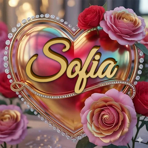 Un marco dorado con forma de corazón tachonado de diamantes, rodeado de rosas naturales en colores que van del rosa al rojo, dando un diseño lujoso y brillante. El nombre Sofia está escrito en el diseño.