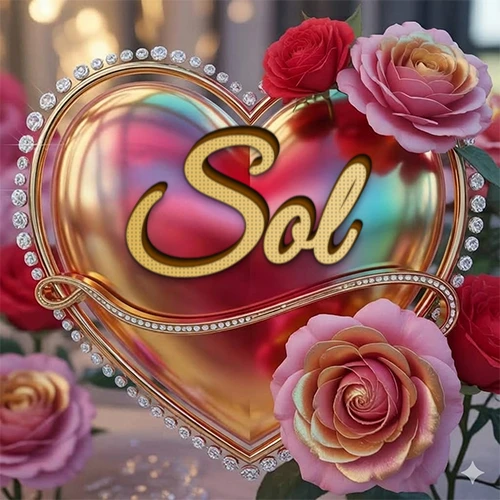 Un marco dorado con forma de corazón tachonado de diamantes, rodeado de rosas naturales en colores que van del rosa al rojo, dando un diseño lujoso y brillante. El nombre Sol está escrito en el diseño. Un marco dorado con forma de corazón tachonado de diamantes, rodeado de rosas naturales en colores que van del rosa al rojo, dando un diseño lujoso y brillante. El nombre Sol está escrito en el diseño.