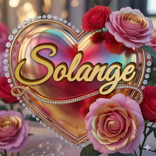 Un marco dorado con forma de corazón tachonado de diamantes, rodeado de rosas naturales en colores que van del rosa al rojo, dando un diseño lujoso y brillante. El nombre Solange está escrito en el diseño.