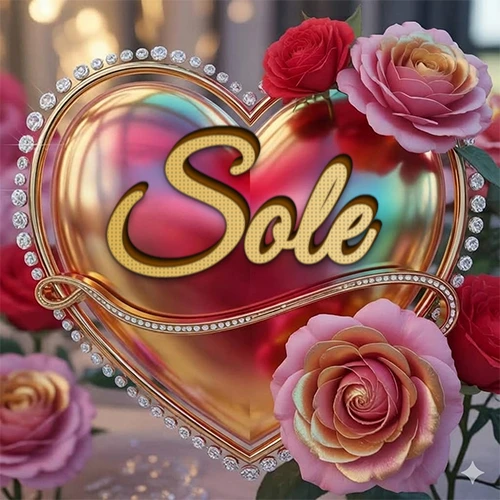 Un marco dorado con forma de corazón tachonado de diamantes, rodeado de rosas naturales en colores que van del rosa al rojo, dando un diseño lujoso y brillante. El nombre Sole está escrito en el diseño. Un marco dorado con forma de corazón tachonado de diamantes, rodeado de rosas naturales en colores que van del rosa al rojo, dando un diseño lujoso y brillante. El nombre Sole está escrito en el diseño.