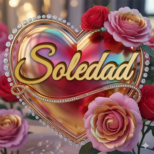 Un marco dorado con forma de corazón tachonado de diamantes, rodeado de rosas naturales en colores que van del rosa al rojo, dando un diseño lujoso y brillante. El nombre Soledad está escrito en el diseño. Un marco dorado con forma de corazón tachonado de diamantes, rodeado de rosas naturales en colores que van del rosa al rojo, dando un diseño lujoso y brillante. El nombre Soledad está escrito en el diseño.