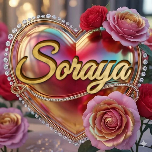 Un marco dorado con forma de corazón tachonado de diamantes, rodeado de rosas naturales en colores que van del rosa al rojo, dando un diseño lujoso y brillante. El nombre Soraya está escrito en el diseño.