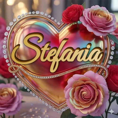 Un marco dorado con forma de corazón tachonado de diamantes, rodeado de rosas naturales en colores que van del rosa al rojo, dando un diseño lujoso y brillante. El nombre Stefania está escrito en el diseño. Un marco dorado con forma de corazón tachonado de diamantes, rodeado de rosas naturales en colores que van del rosa al rojo, dando un diseño lujoso y brillante. El nombre Stefania está escrito en el diseño.