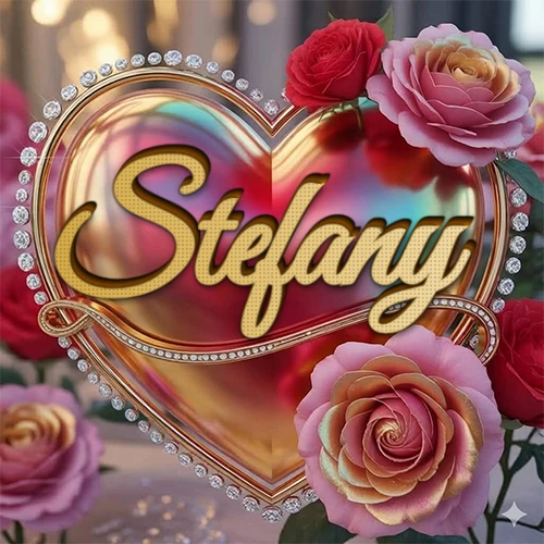 Un marco dorado con forma de corazón tachonado de diamantes, rodeado de rosas naturales en colores que van del rosa al rojo, dando un diseño lujoso y brillante. El nombre Stefany está escrito en el diseño.