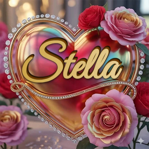 Un marco dorado con forma de corazón tachonado de diamantes, rodeado de rosas naturales en colores que van del rosa al rojo, dando un diseño lujoso y brillante. El nombre Stella está escrito en el diseño.
