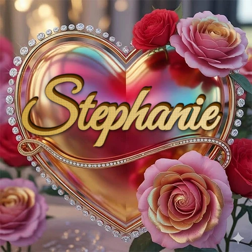 Un marco dorado con forma de corazón tachonado de diamantes, rodeado de rosas naturales en colores que van del rosa al rojo, dando un diseño lujoso y brillante. El nombre Stephanie está escrito en el diseño.