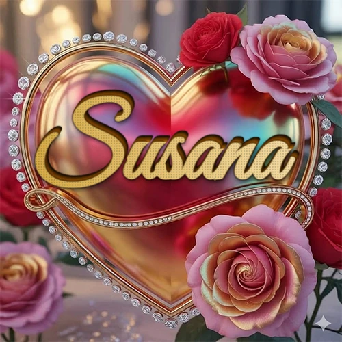 Un marco dorado con forma de corazón tachonado de diamantes, rodeado de rosas naturales en colores que van del rosa al rojo, dando un diseño lujoso y brillante. El nombre Susana está escrito en el diseño.
