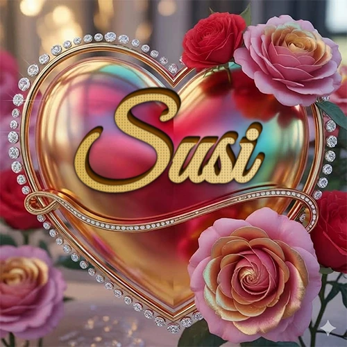 Un marco dorado con forma de corazón tachonado de diamantes, rodeado de rosas naturales en colores que van del rosa al rojo, dando un diseño lujoso y brillante. El nombre Susi está escrito en el diseño.