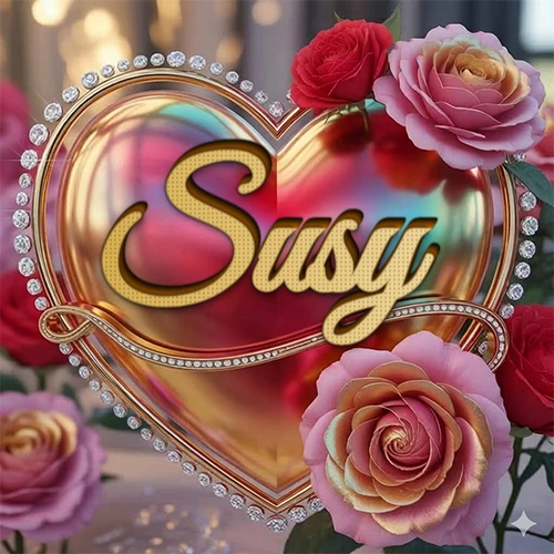 Un marco dorado con forma de corazón tachonado de diamantes, rodeado de rosas naturales en colores que van del rosa al rojo, dando un diseño lujoso y brillante. El nombre Susy está escrito en el diseño.