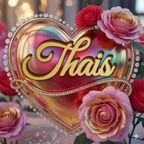 Un marco dorado con forma de corazón tachonado de diamantes, rodeado de rosas naturales en colores que van del rosa al rojo, dando un diseño lujoso y brillante. El nombre Thais está escrito en el diseño.
