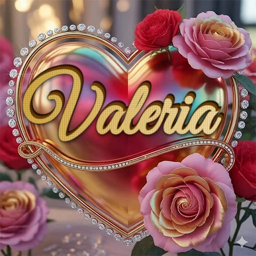 Un marco dorado con forma de corazón tachonado de diamantes, rodeado de rosas naturales en colores que van del rosa al rojo, dando un diseño lujoso y brillante. El nombre Valeria está escrito en el diseño.