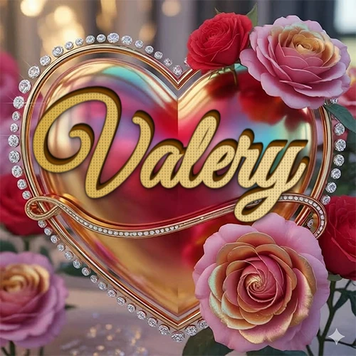 Un marco dorado con forma de corazón tachonado de diamantes, rodeado de rosas naturales en colores que van del rosa al rojo, dando un diseño lujoso y brillante. El nombre Valery está escrito en el diseño.