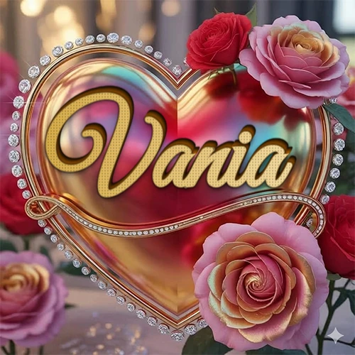 Un marco dorado con forma de corazón tachonado de diamantes, rodeado de rosas naturales en colores que van del rosa al rojo, dando un diseño lujoso y brillante. El nombre Vania está escrito en el diseño. Un marco dorado con forma de corazón tachonado de diamantes, rodeado de rosas naturales en colores que van del rosa al rojo, dando un diseño lujoso y brillante. El nombre Vania está escrito en el diseño.