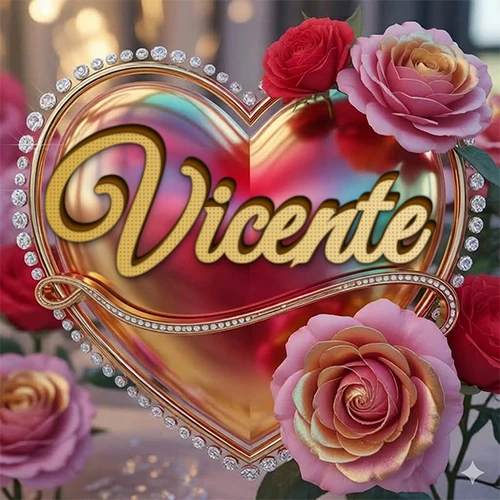 Un marco dorado con forma de corazón tachonado de diamantes, rodeado de rosas naturales en colores que van del rosa al rojo, dando un diseño lujoso y brillante. El nombre Vicente está escrito en el diseño.