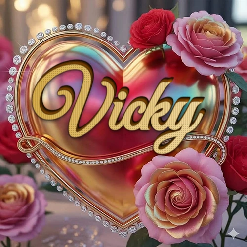 Un marco dorado con forma de corazón tachonado de diamantes, rodeado de rosas naturales en colores que van del rosa al rojo, dando un diseño lujoso y brillante. El nombre Vicky está escrito en el diseño. Un marco dorado con forma de corazón tachonado de diamantes, rodeado de rosas naturales en colores que van del rosa al rojo, dando un diseño lujoso y brillante. El nombre Vicky está escrito en el diseño.