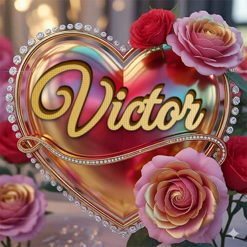 Un marco dorado con forma de corazón tachonado de diamantes, rodeado de rosas naturales en colores que van del rosa al rojo, dando un diseño lujoso y brillante. El nombre Victor está escrito en el diseño.